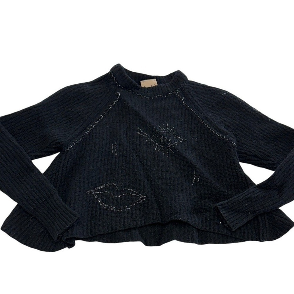 (nude) Sweater Women XS Black Embroidered Lips Eye Grunge Goth